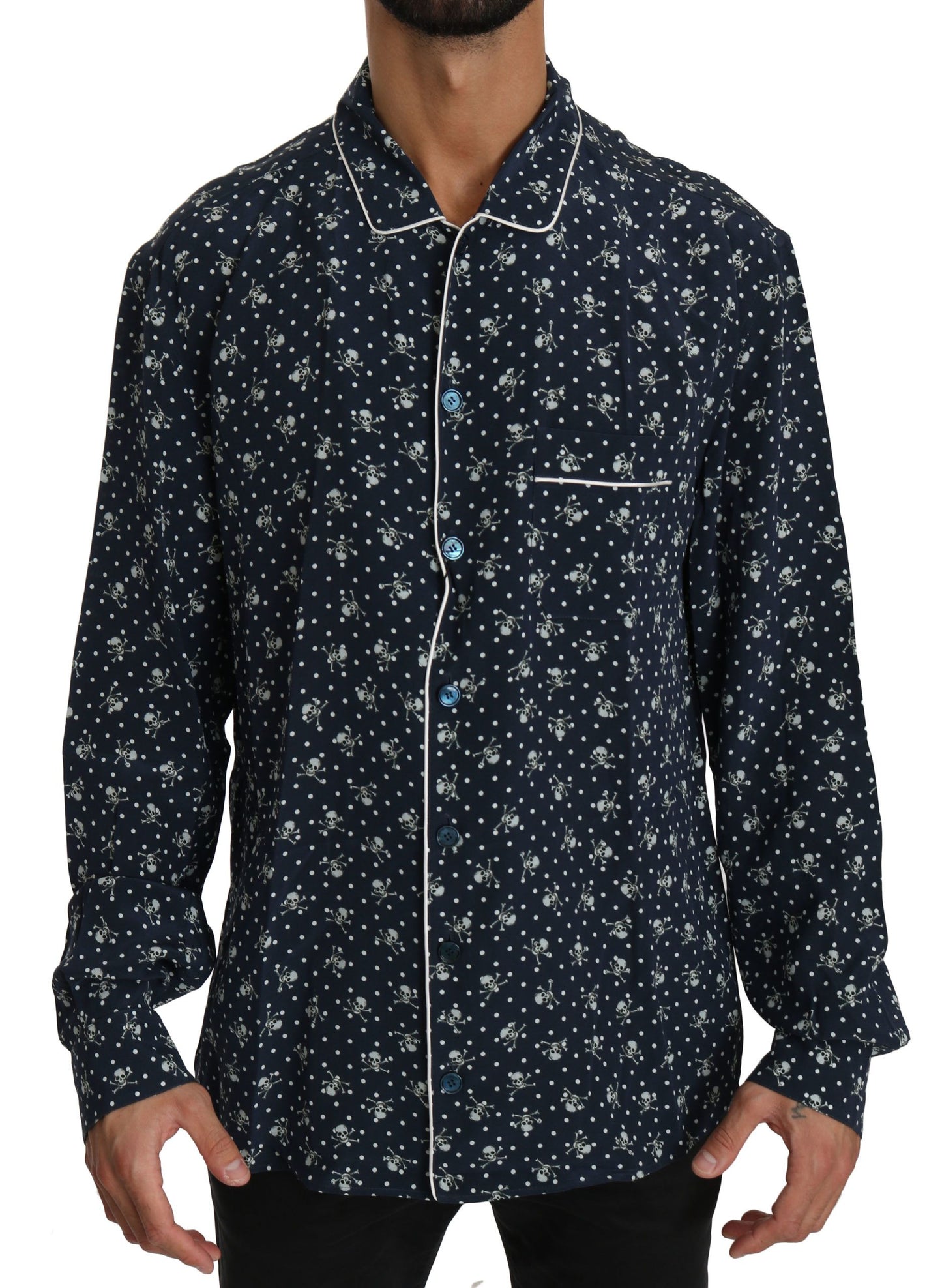 Silken Elegance: Blue Skull Print Lounge Shirt