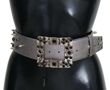 Stunning Silver Leather Crystal-Studded Belt