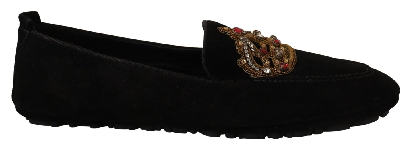 Elegant Black Leather Loafer Slides with Gold Embroidery