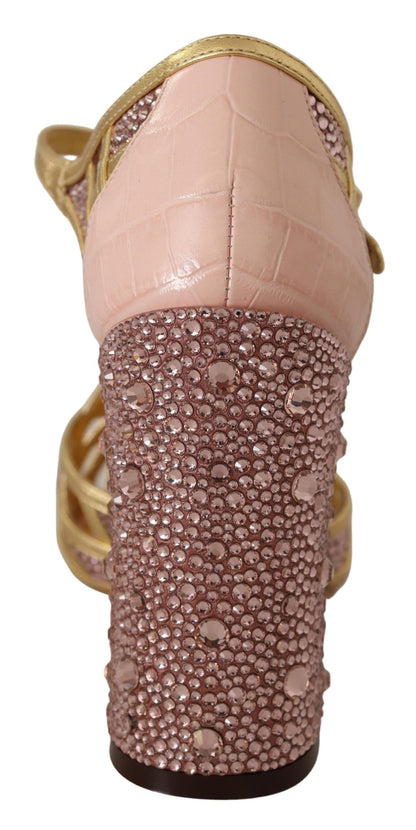 Silk-Infused Leather Crystal Pumps in Pink Gold