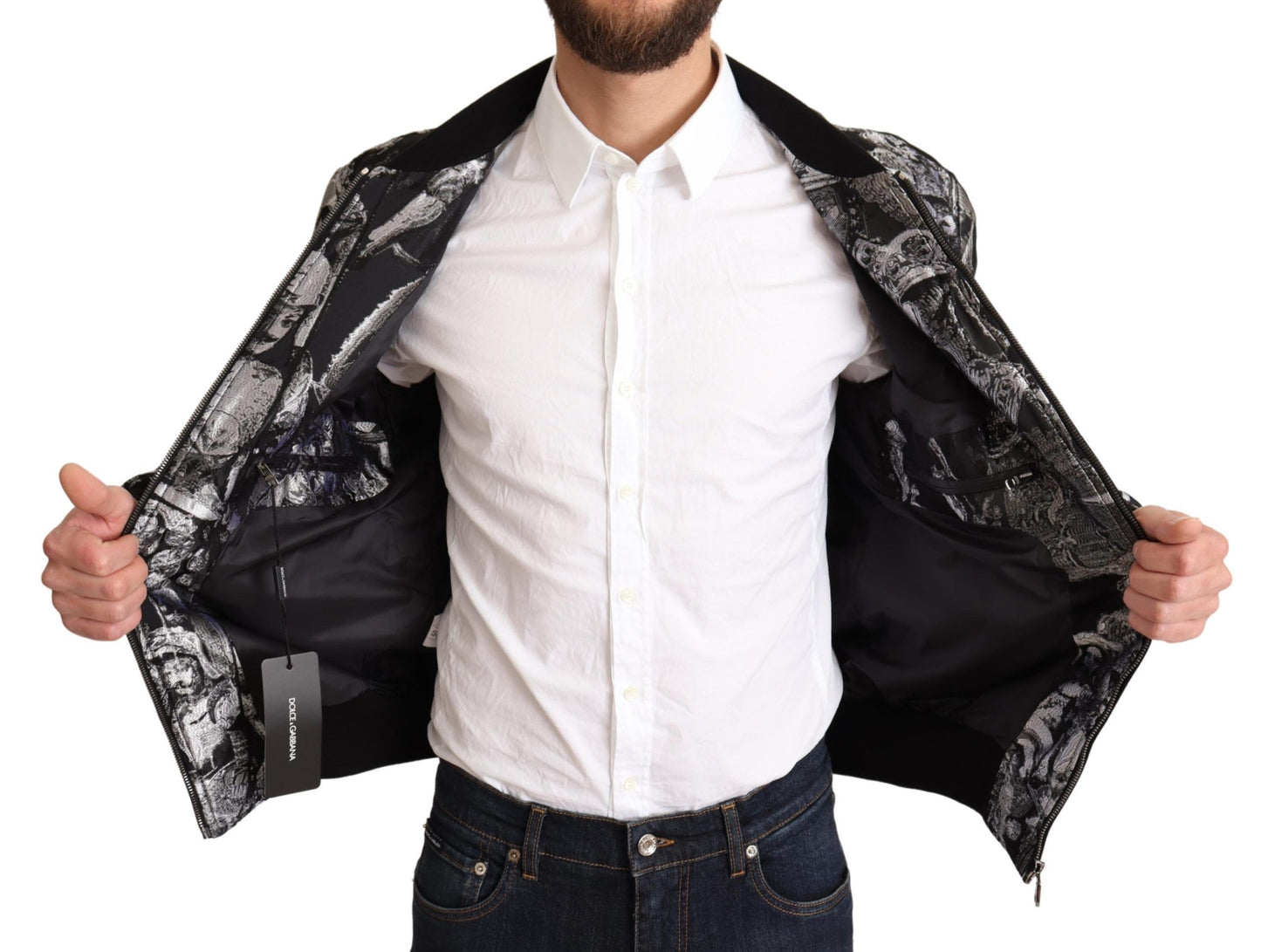 Elegant Black Bomber Jacket with Silver Details