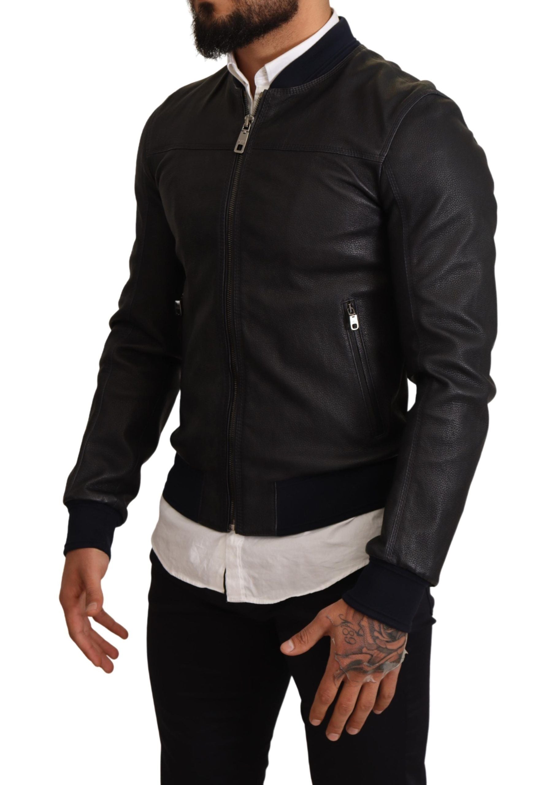 Elegant Leather Bomber Jacket in Dark Blue