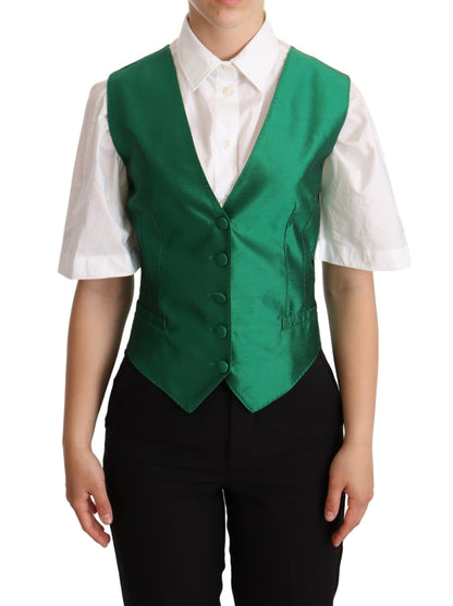 Elegant Green Silk Blend Waistcoat