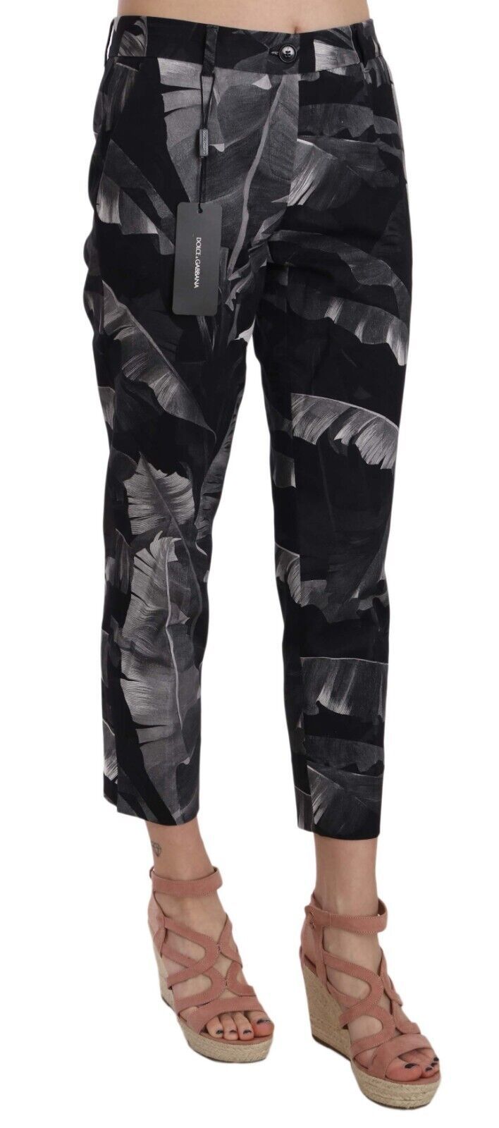 Elegant Black Banana Leaf Print Capri Pants