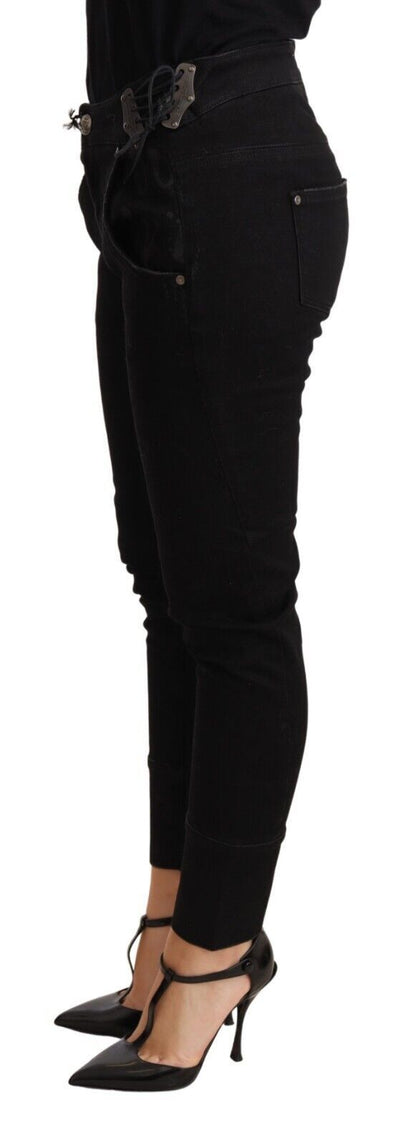 Chic Low Waist Skinny Black Cotton Trousers