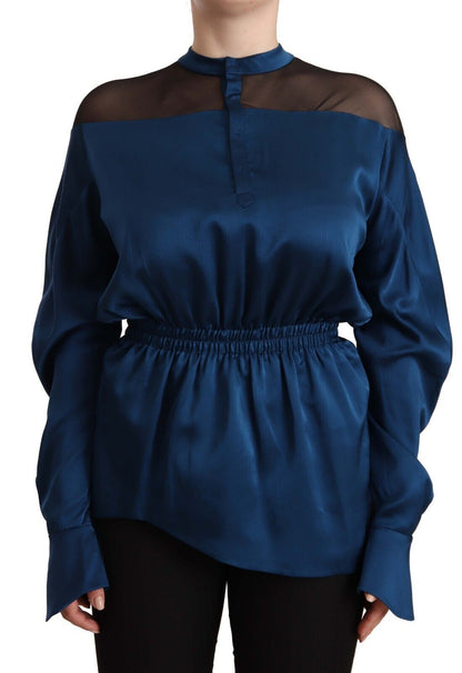 Elegant Crew Neck Silk Blouse in Blue