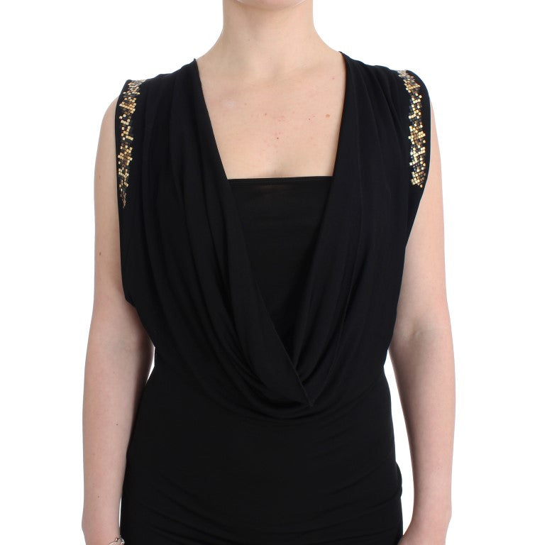 Elegant Sleeveless Black Mini Dress with Gold Details