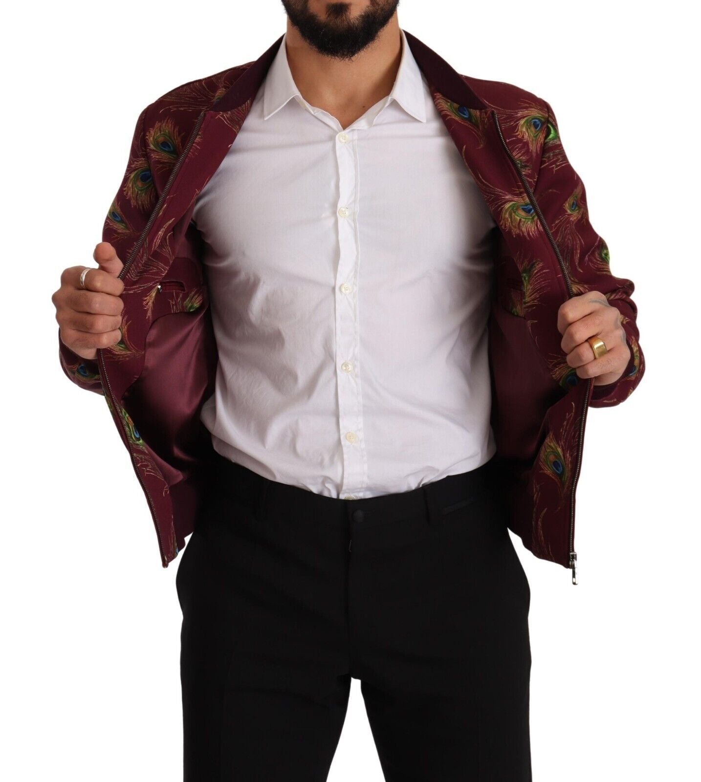 Radiant Red Peacock Print Bomber Jacket