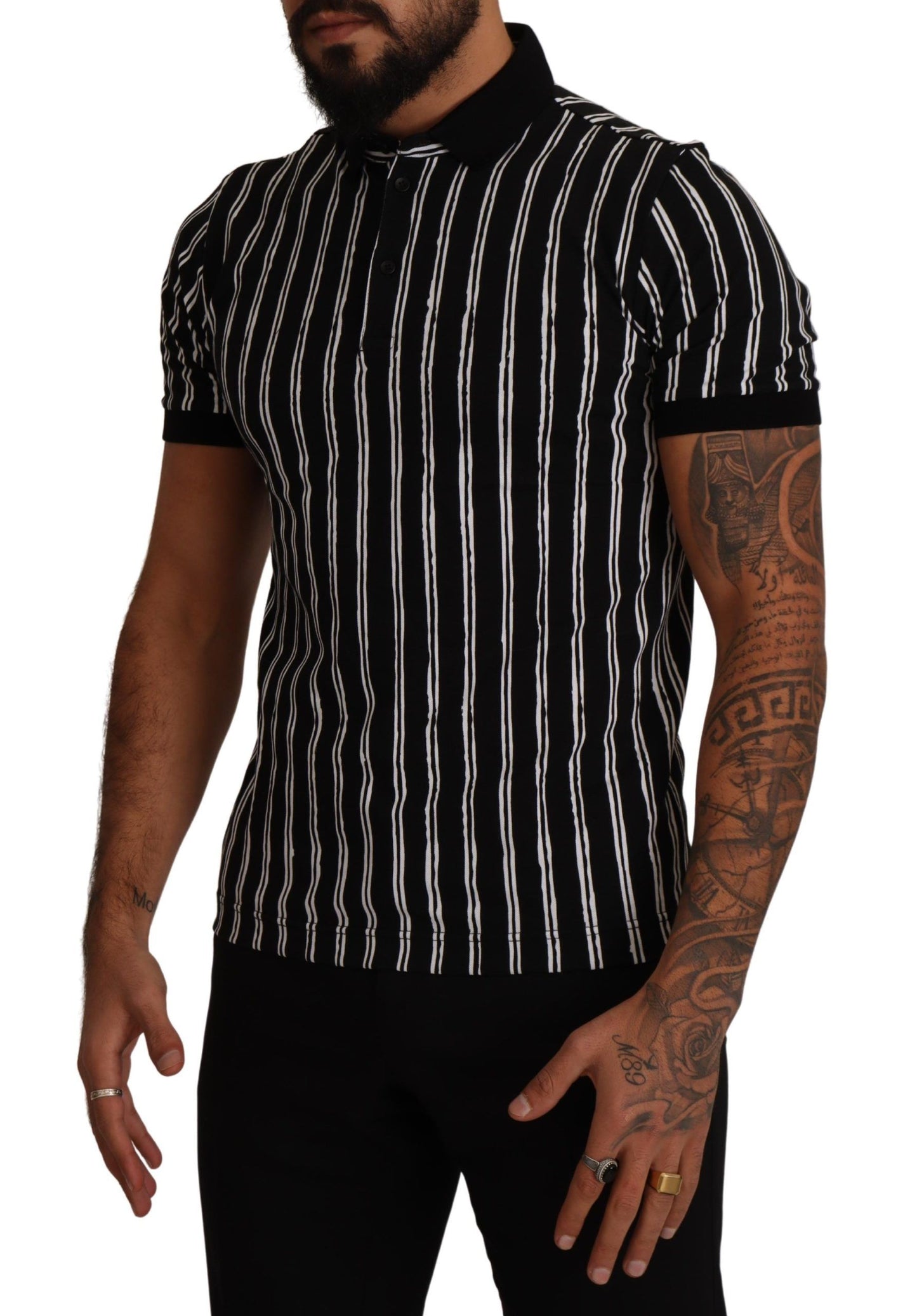 Elegant Striped Polo T-Shirt in Black