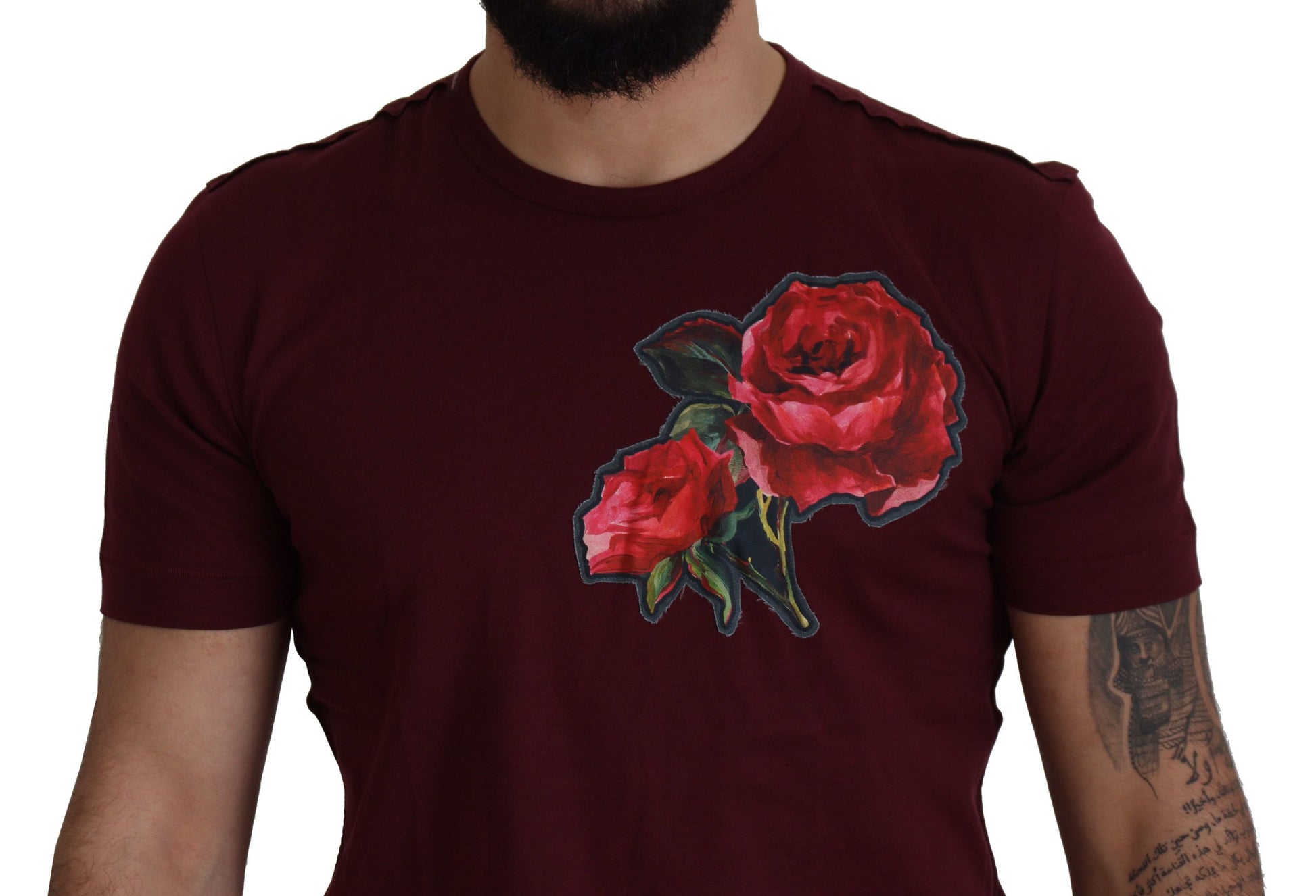 Elegant Bordeaux Roses Motif Crewneck Tee