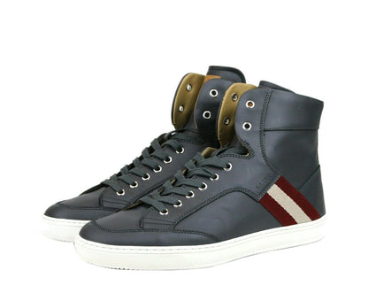 Dark Grey Calf Leather Hi Top Sneaker With Red Beige