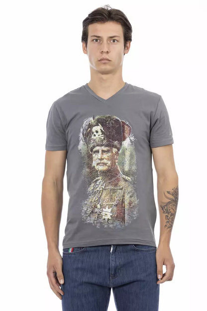 Gray Cotton Men V-neck T-shirt