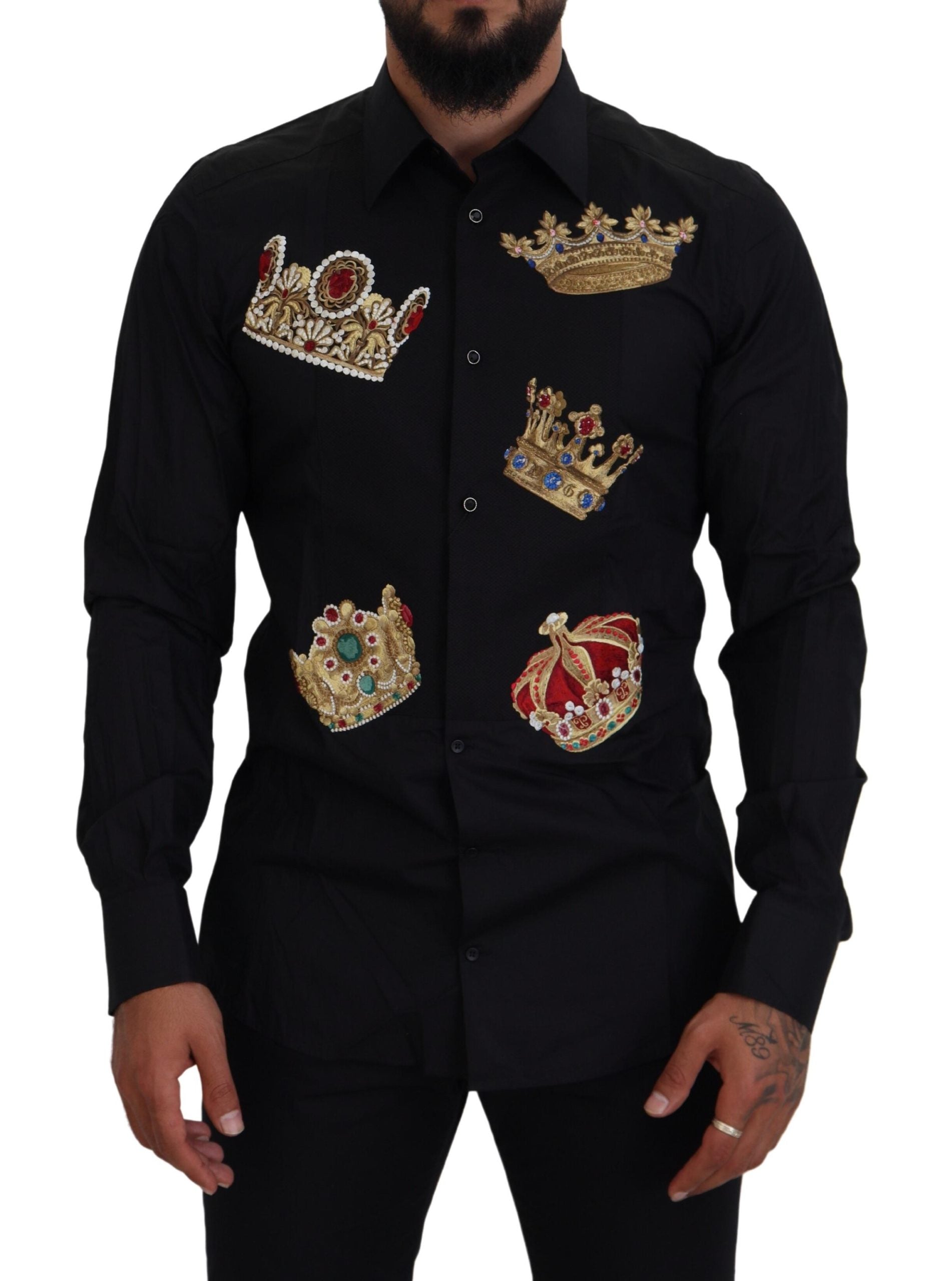 Elegant Black Slim Fit Dress Shirt with Crown Embroidery