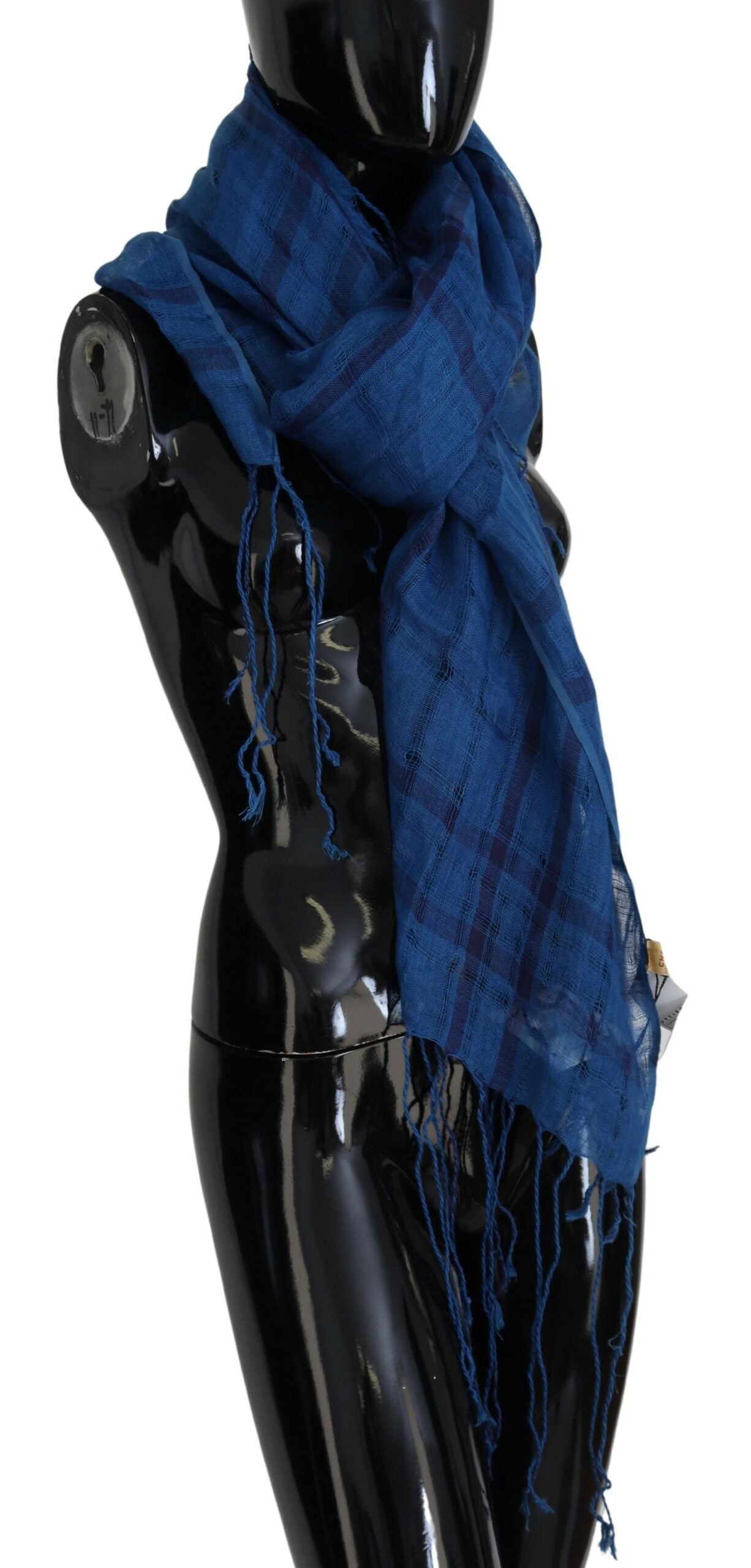 Chic Linen Fringed Scarf in Blue Checkered