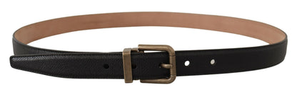 Elegant Black Leather Belt with Vintage Metal Buckle