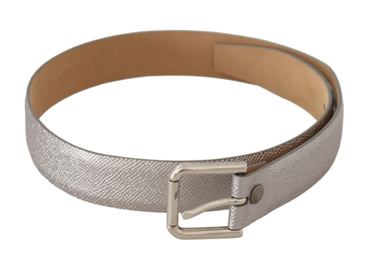 Elegant Silver Leather Belt with Engraved Buckle