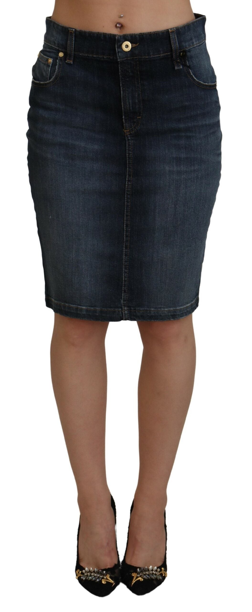 Chic Mid Waist Dark Blue Denim Skirt