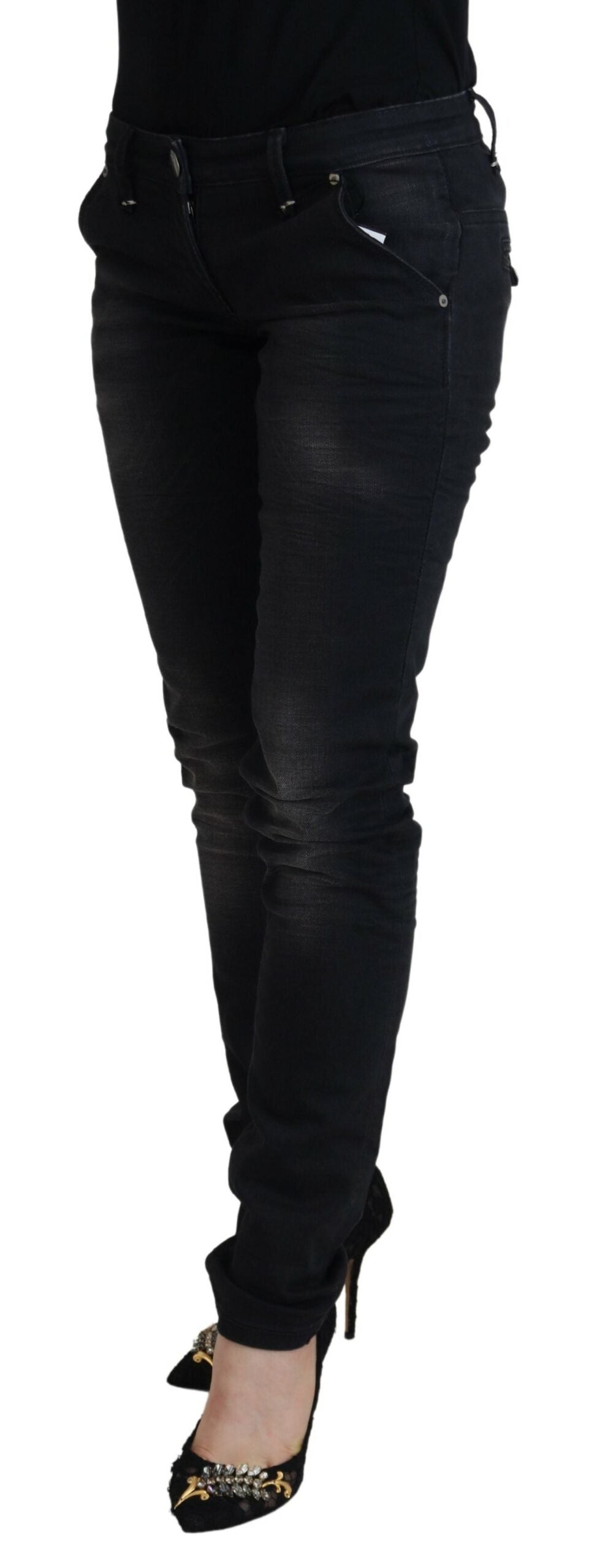 Sleek Black Washed Low Waist Skinny Jeans