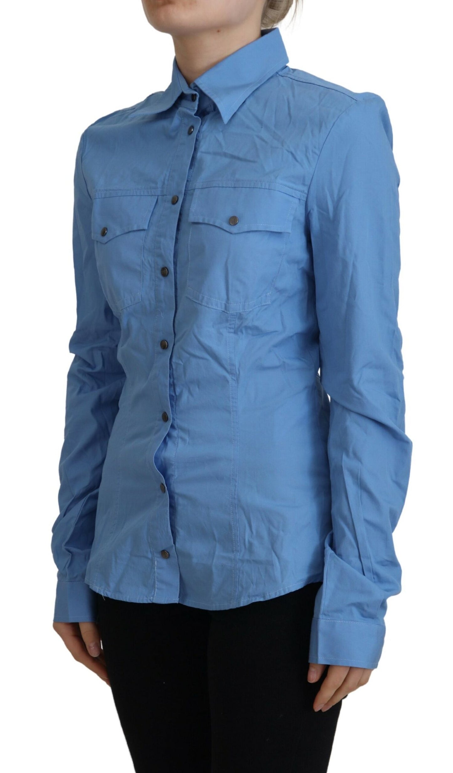 Elegant Blue Cotton Long Sleeve Polo Top