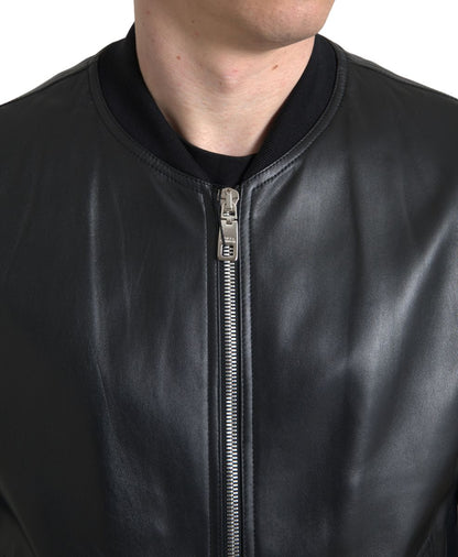 Elegant Black Leather Bomber Jacket