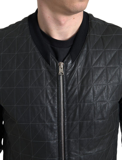 Elegant Black Leather Bomber Jacket