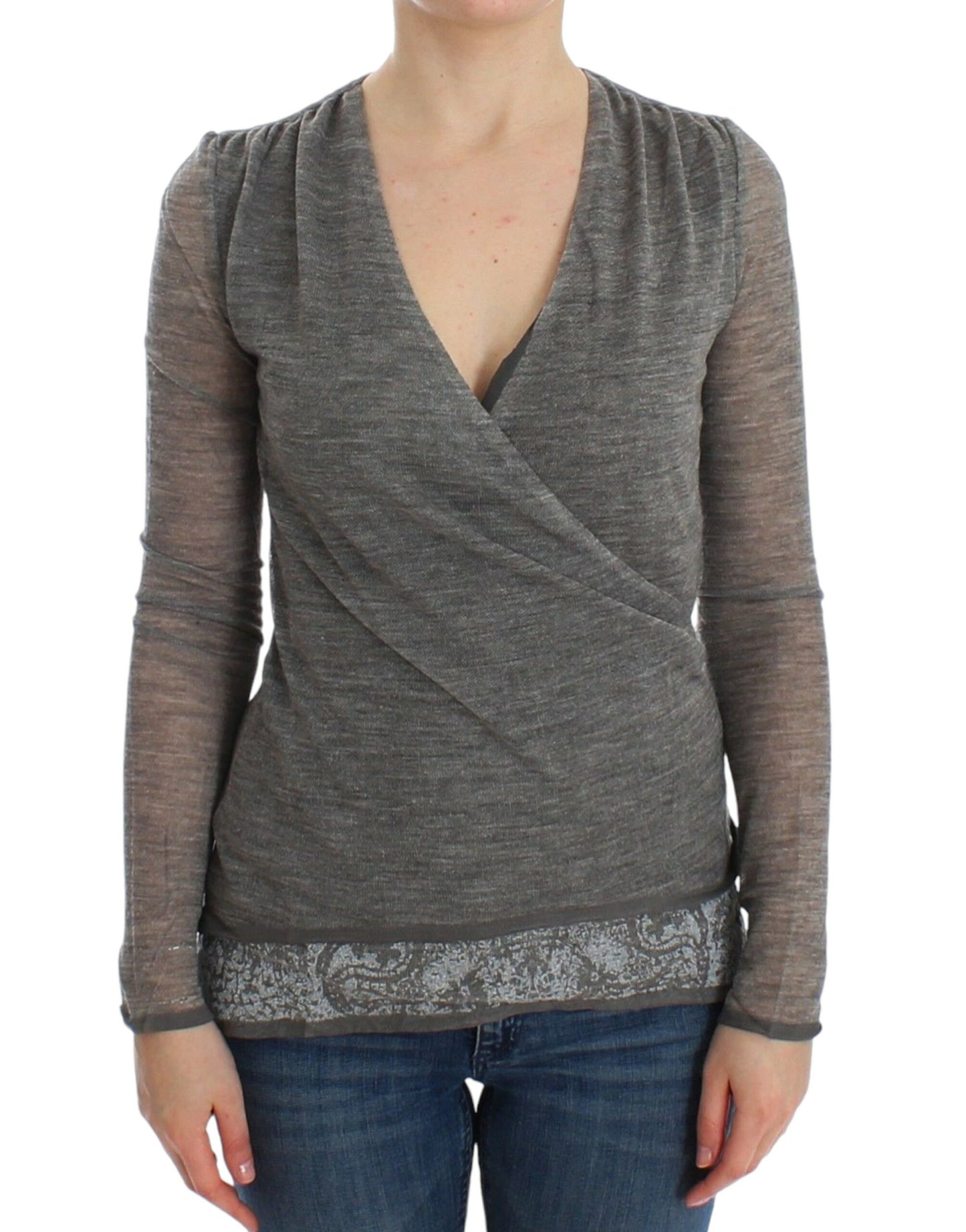 Elegant Gray Wool Blend Deep V-neck Sweater