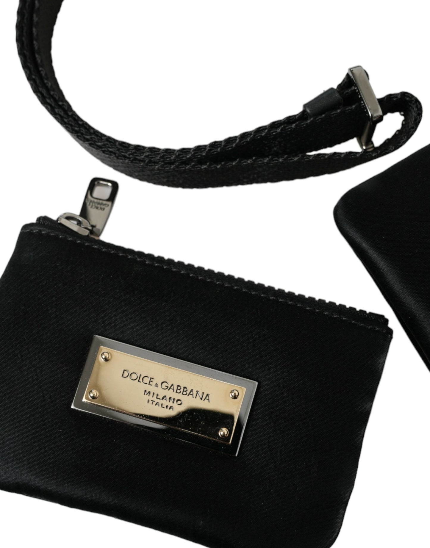 Elegant Black Nylon Leather Pouch with Silver Details