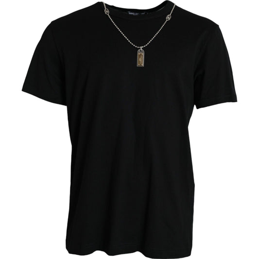 Elegant Black Cotton Crewneck Tee with Dog Tag Detail