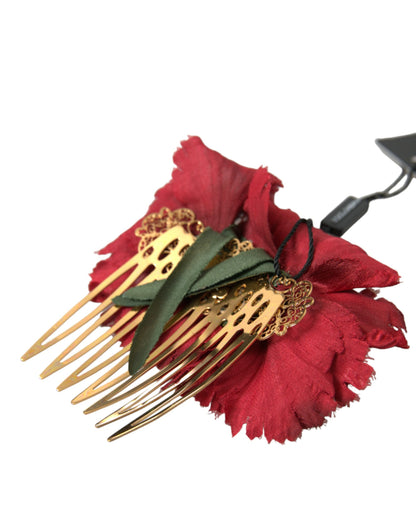 Red Silk Floral Gold Brass Women Hair Comb