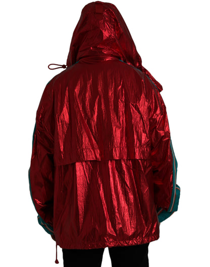 Red Nylon Hooded Pullover Sweatshirt Jacket