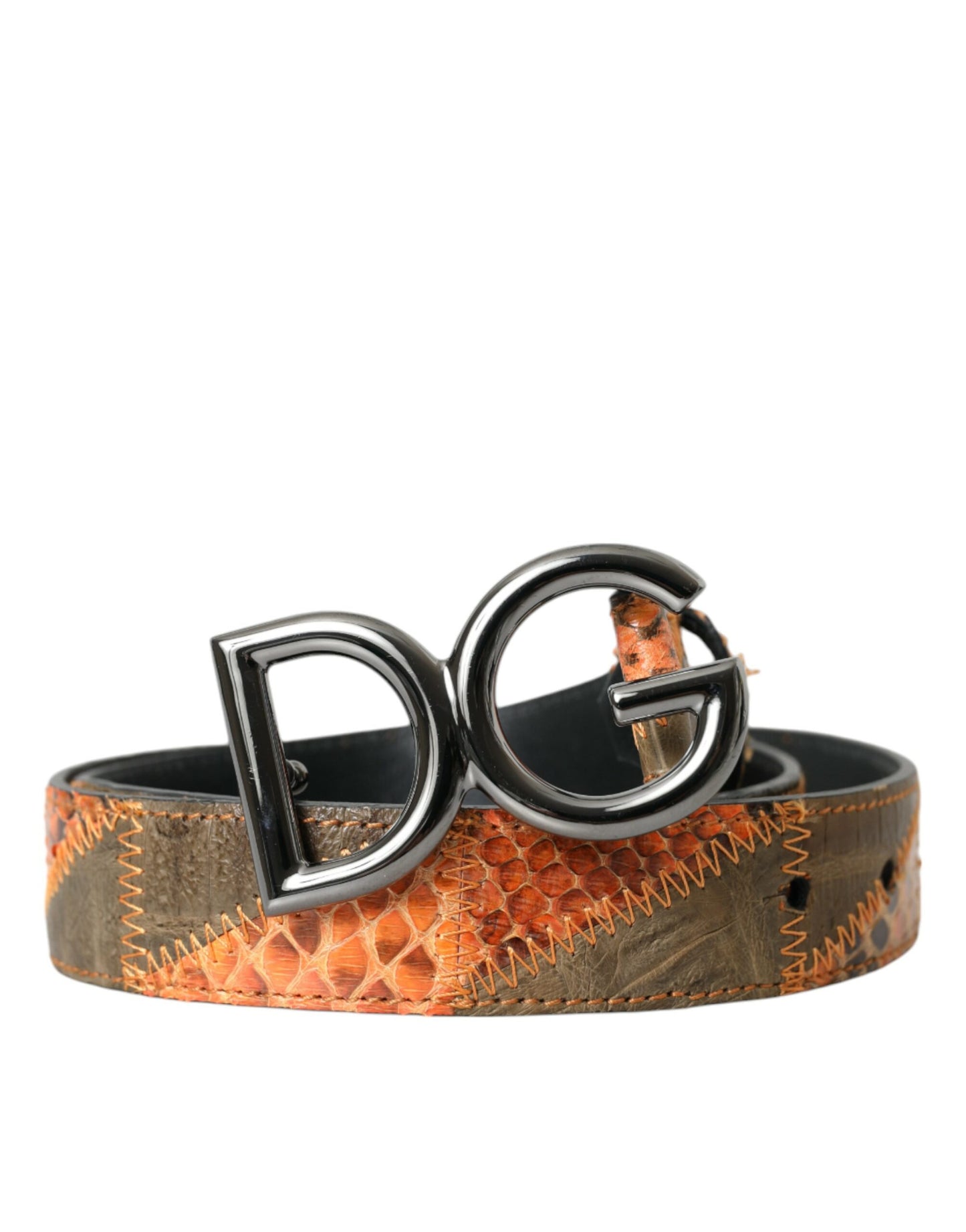 Patchwork Python Leather Logo Buckle Belt Men