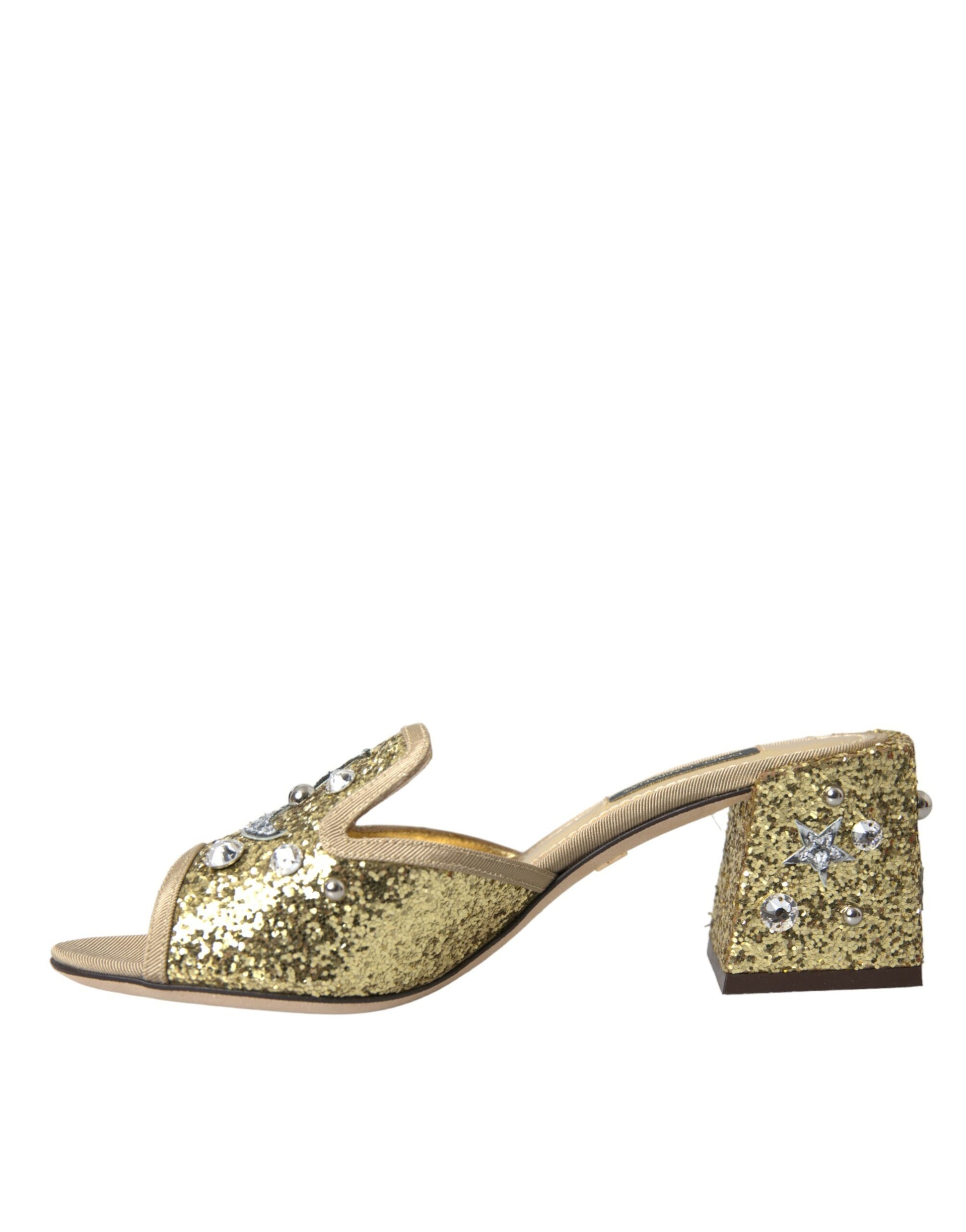 Gold Sequin Leather Heels Sandals Shoes