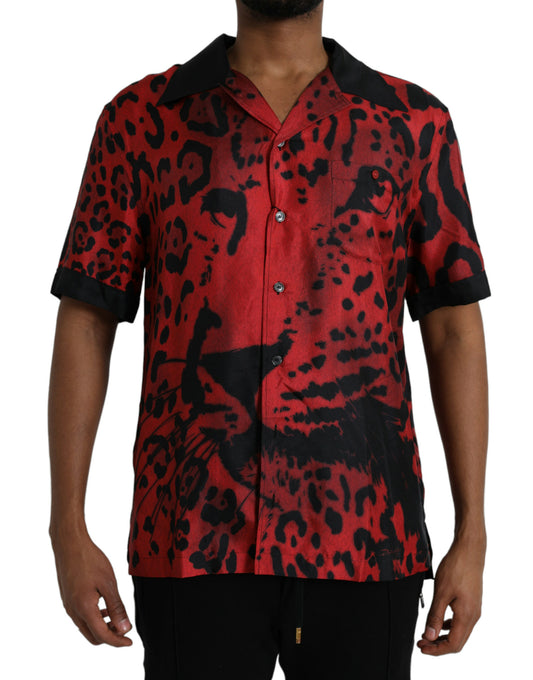 Red Leopard Silk Button Down Casual Shirt