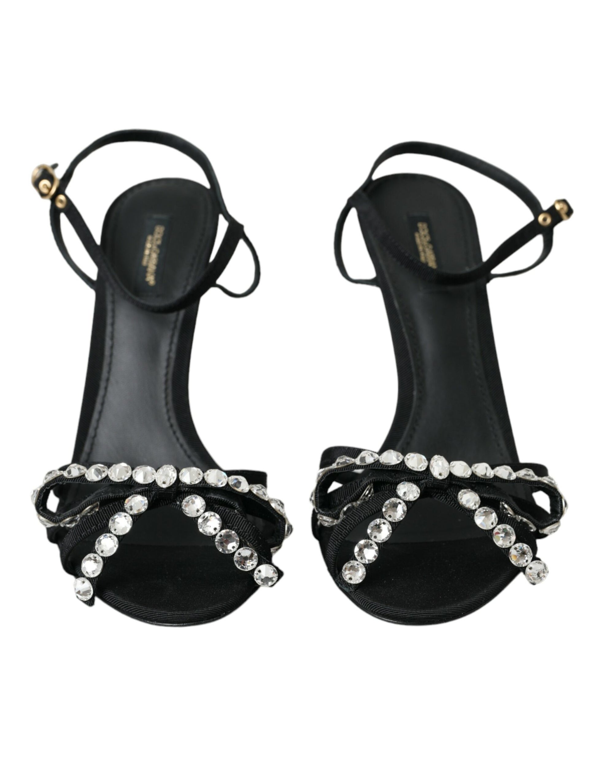 Black Viscose Crystal Bow Heels Sandals Shoes