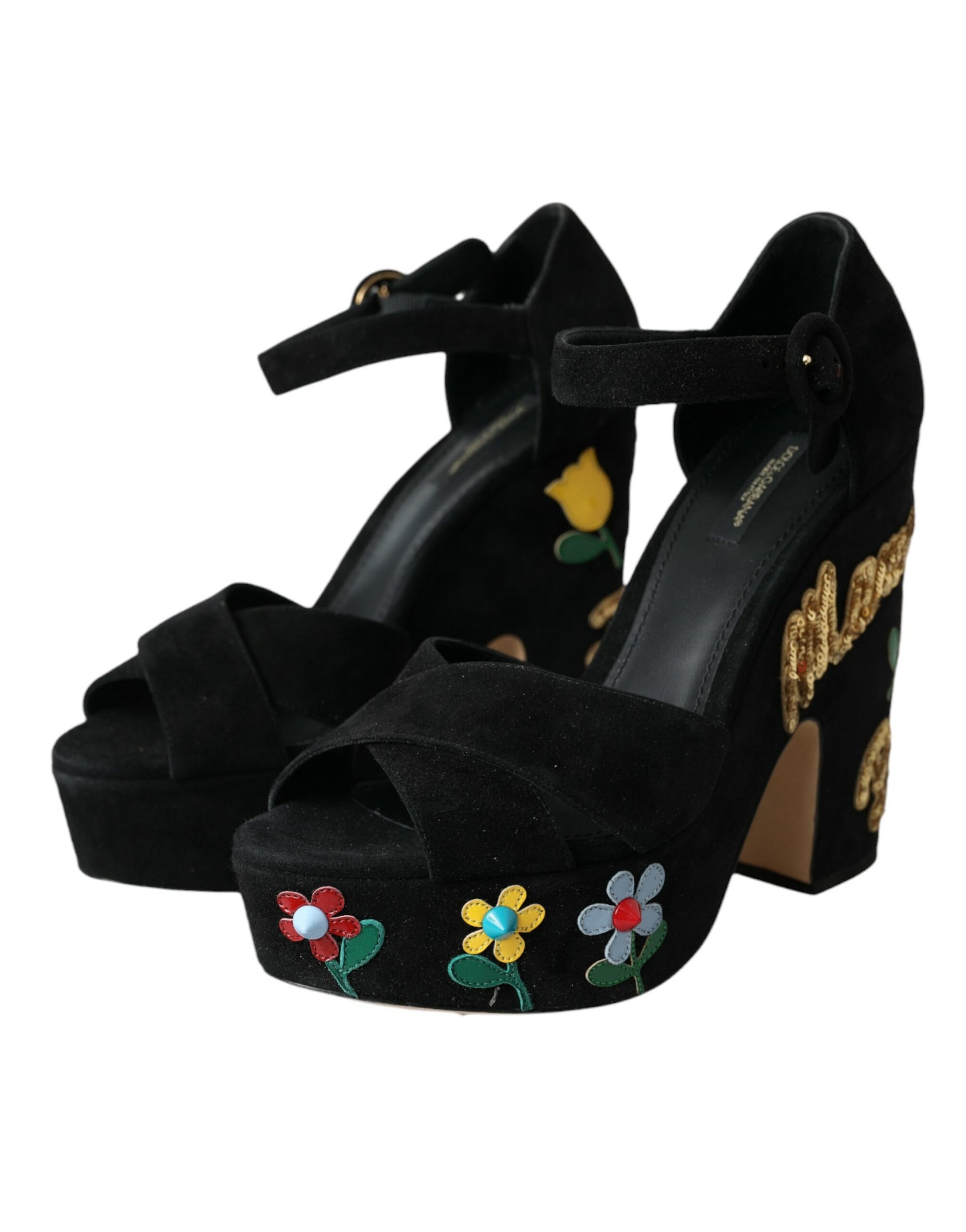 Black Floral Ankle Strap Heels Sandals Shoes