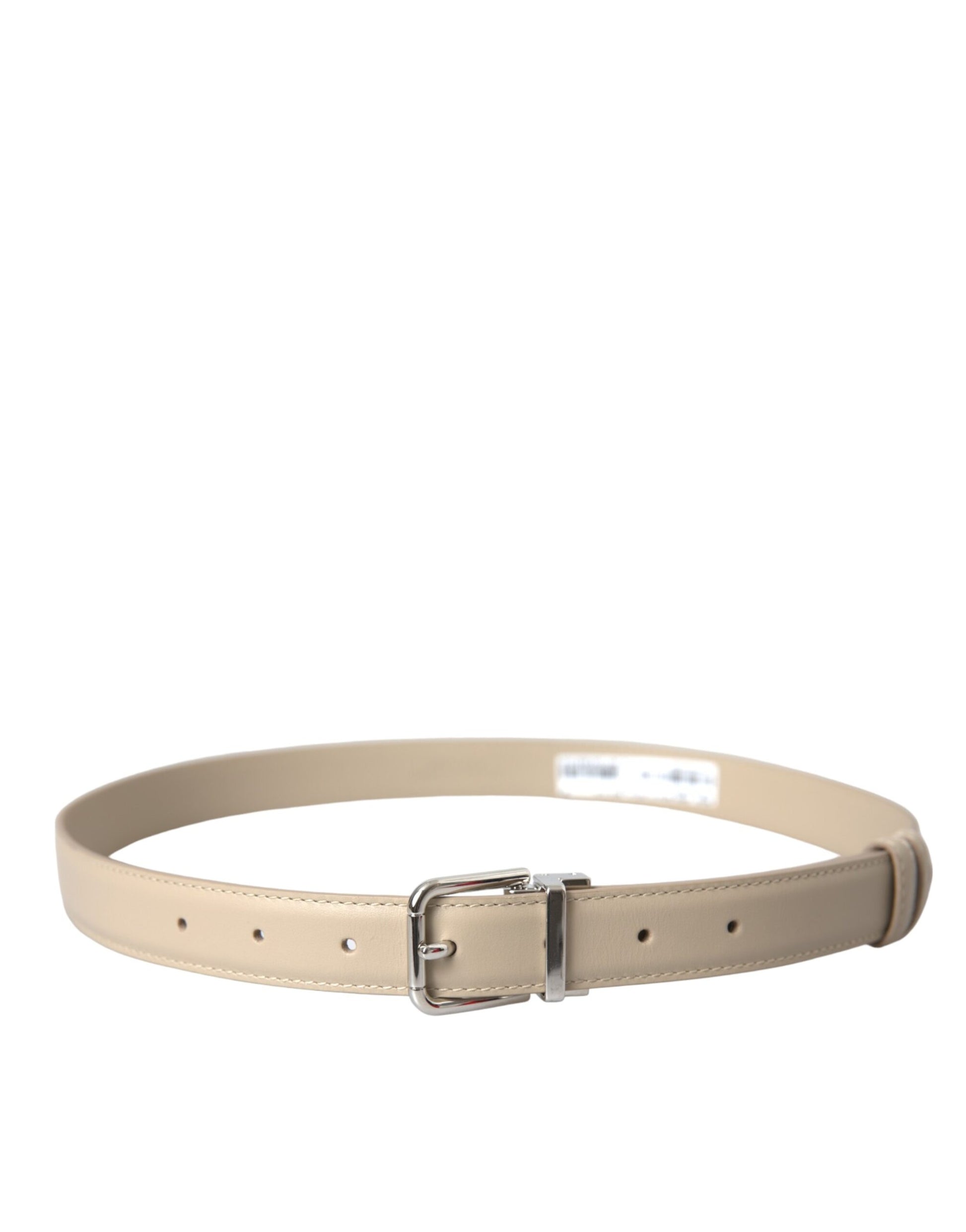 Beige Calfskin Leather Silver Metal Buckle Belt