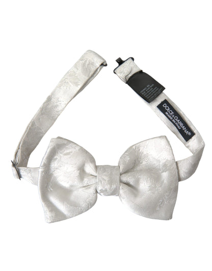 White Floral Silk Adjustable Men Neck Bow Tie