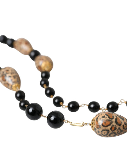 Gold Tone Brass Black Printed Beaded Long Chain Necklace