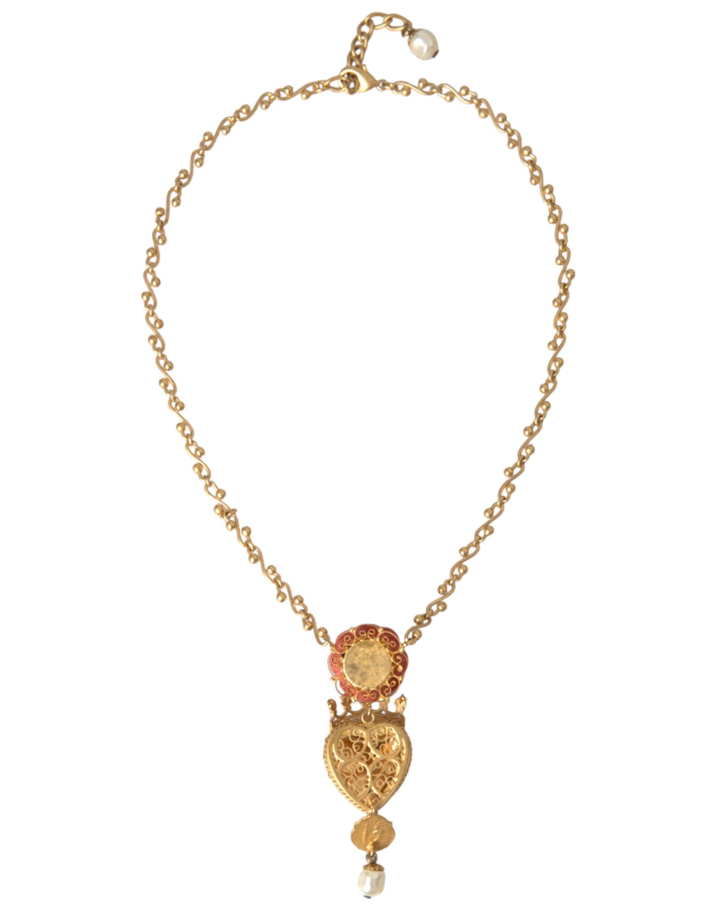 Gold BrassChain Sacred Heart Rose Crystal Charm Necklace