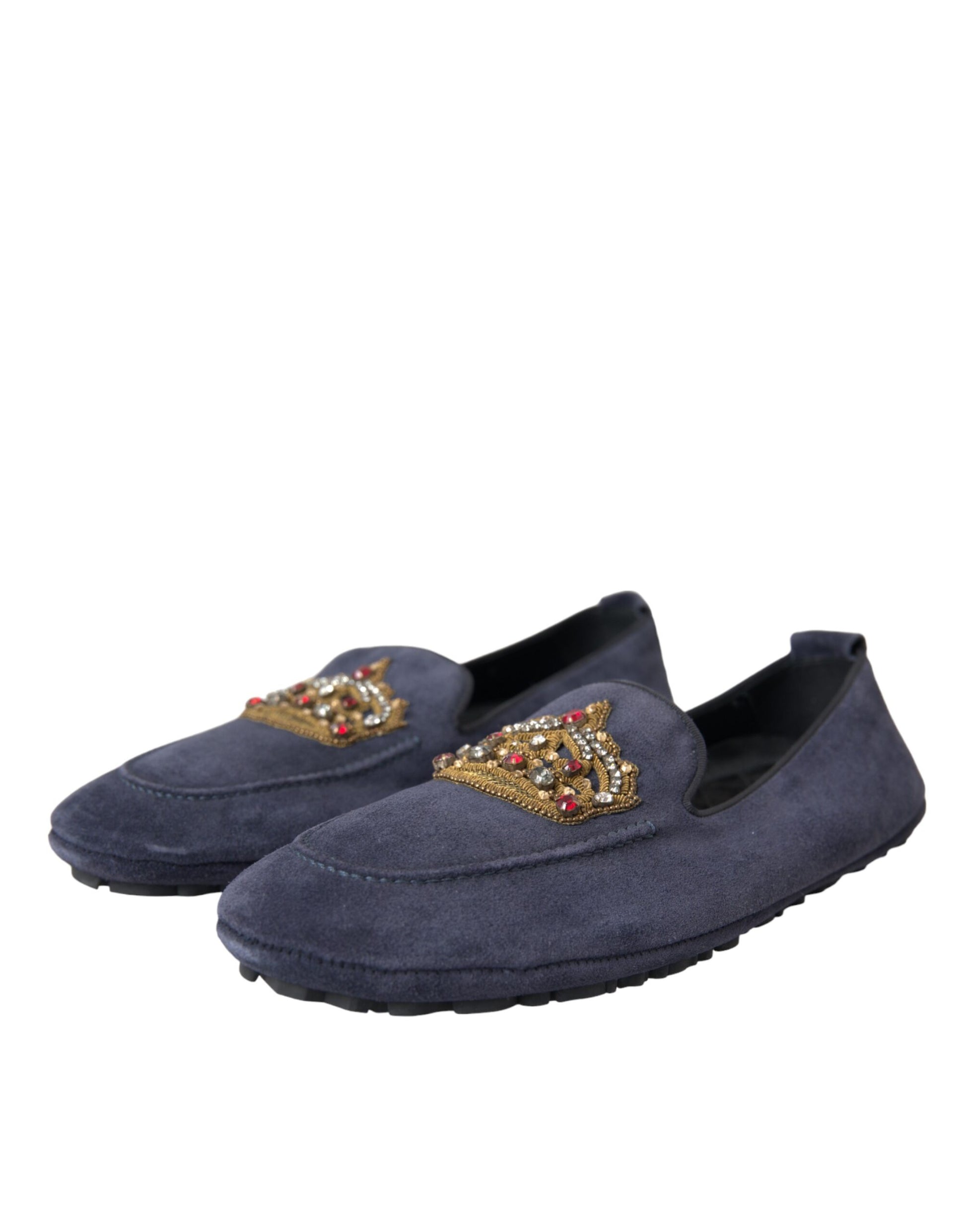 Blue Leather Suede Crystal Crown Loafers Shoes