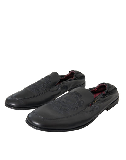 Black Logo Embroidered Leather Loafer Men Dress Shoes