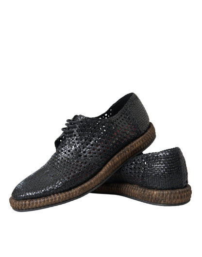 Black Woven Goat Leather Lace Up Derby Shoes