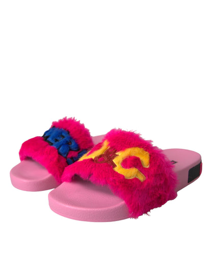 Multicolor Embroidered Fur Slides Sandals Shoes