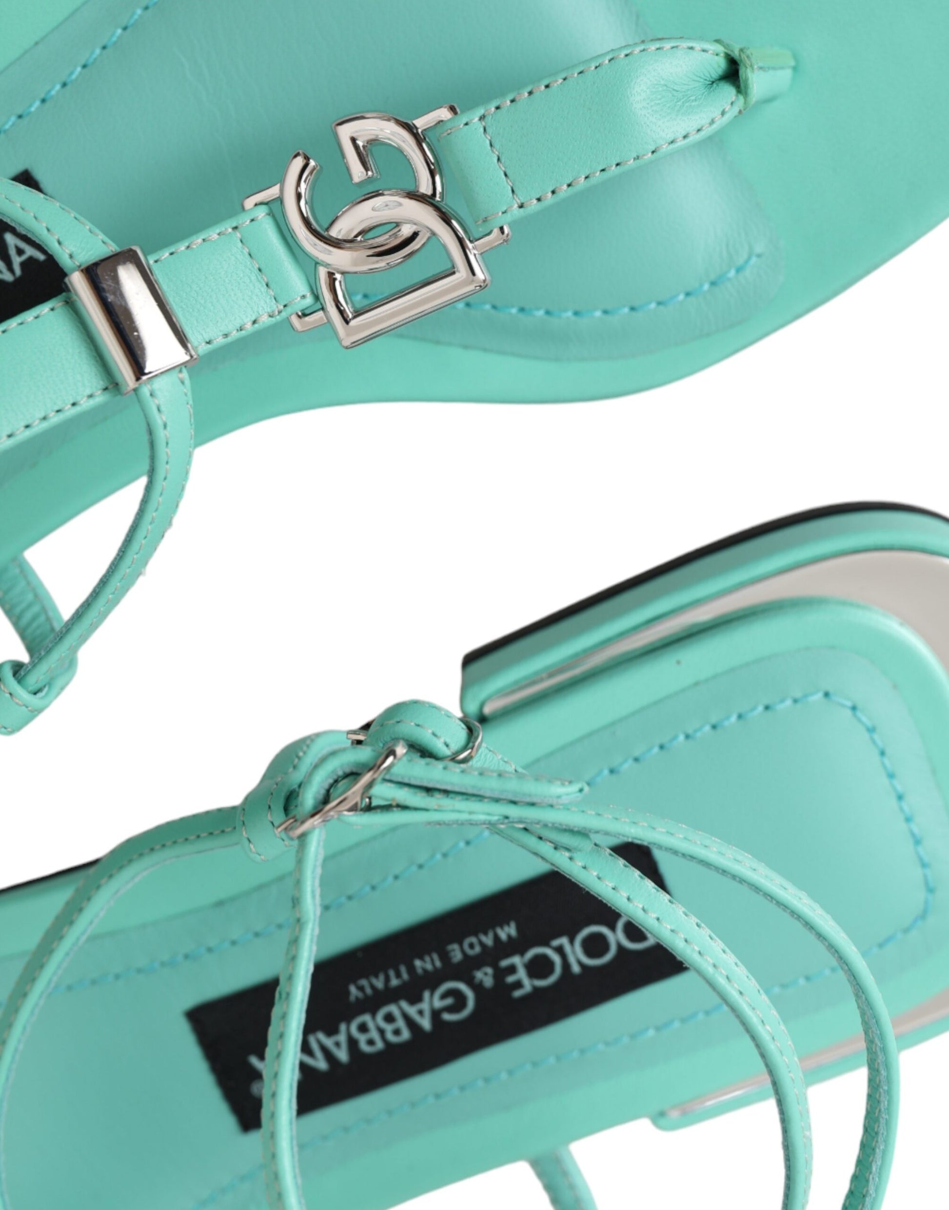 Aqua Green Leather Ankle Strap Flats Sandals Shoes