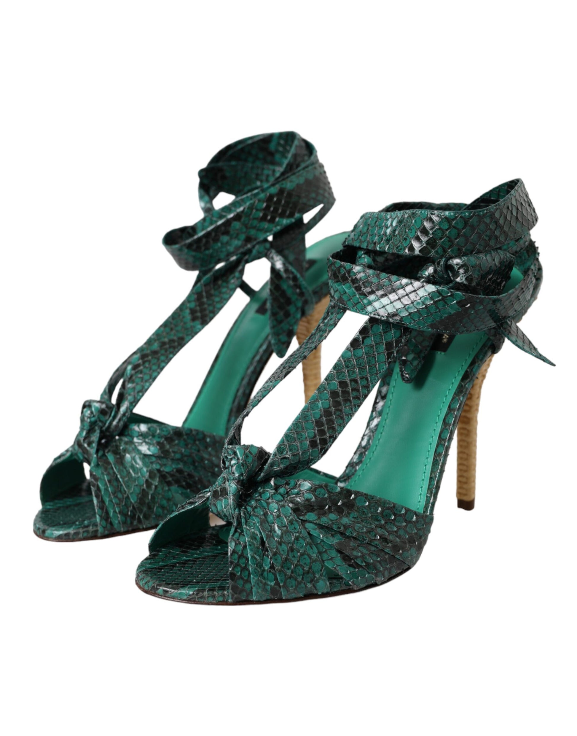 Green Exotic Leather Heels Sandals Shoes