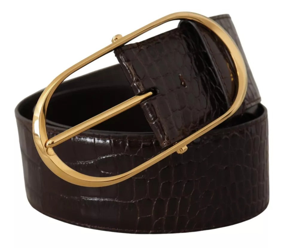 Brown Crocodile Pattern Leather Gold Oval Buckle Belt