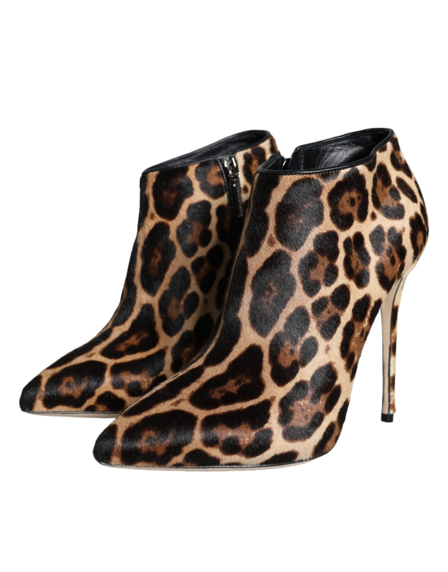 Brown Leopard Calf Fur Heels Ankle Boots Shoes