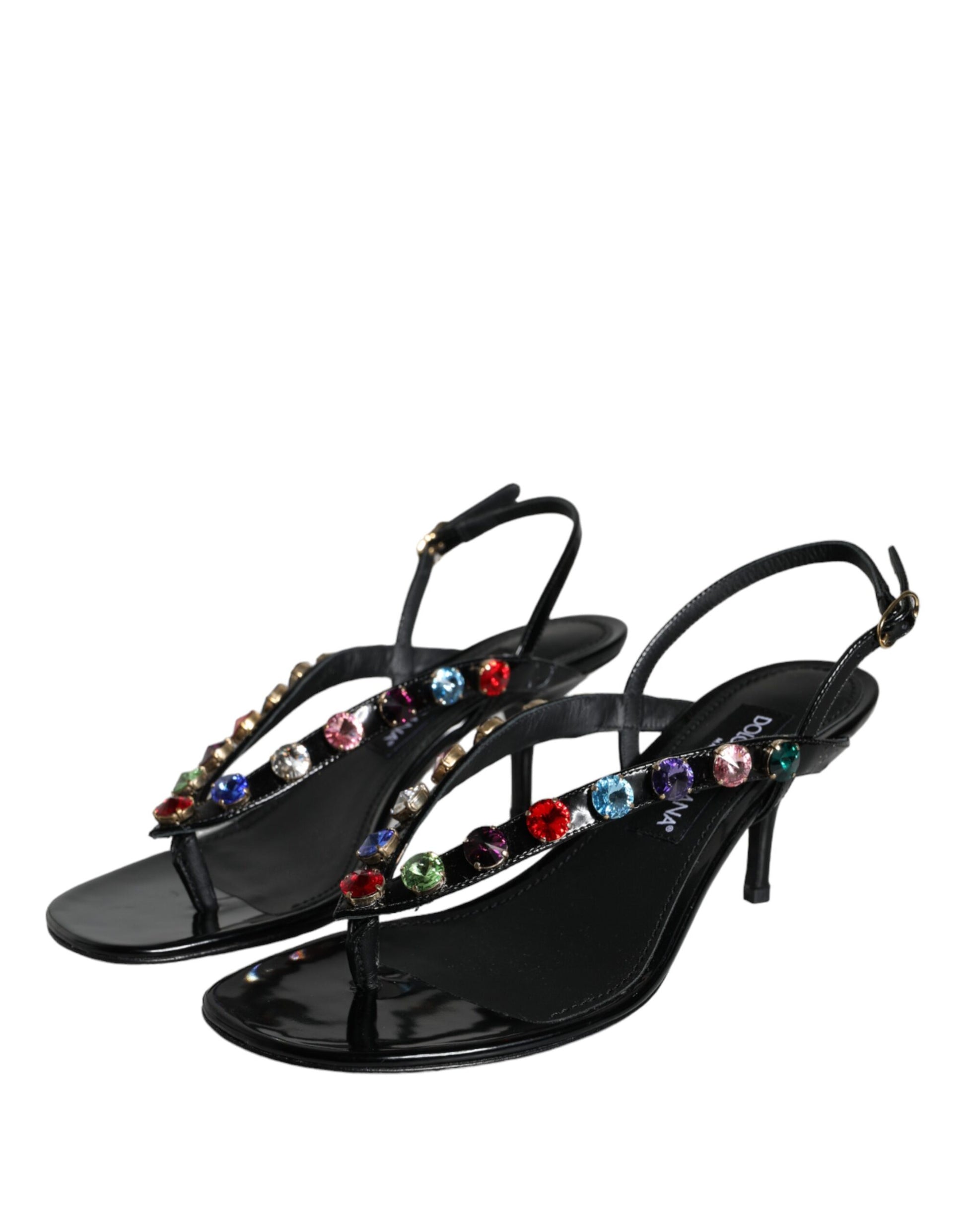 Black Leather Crystal Slingback Sandals Shoes