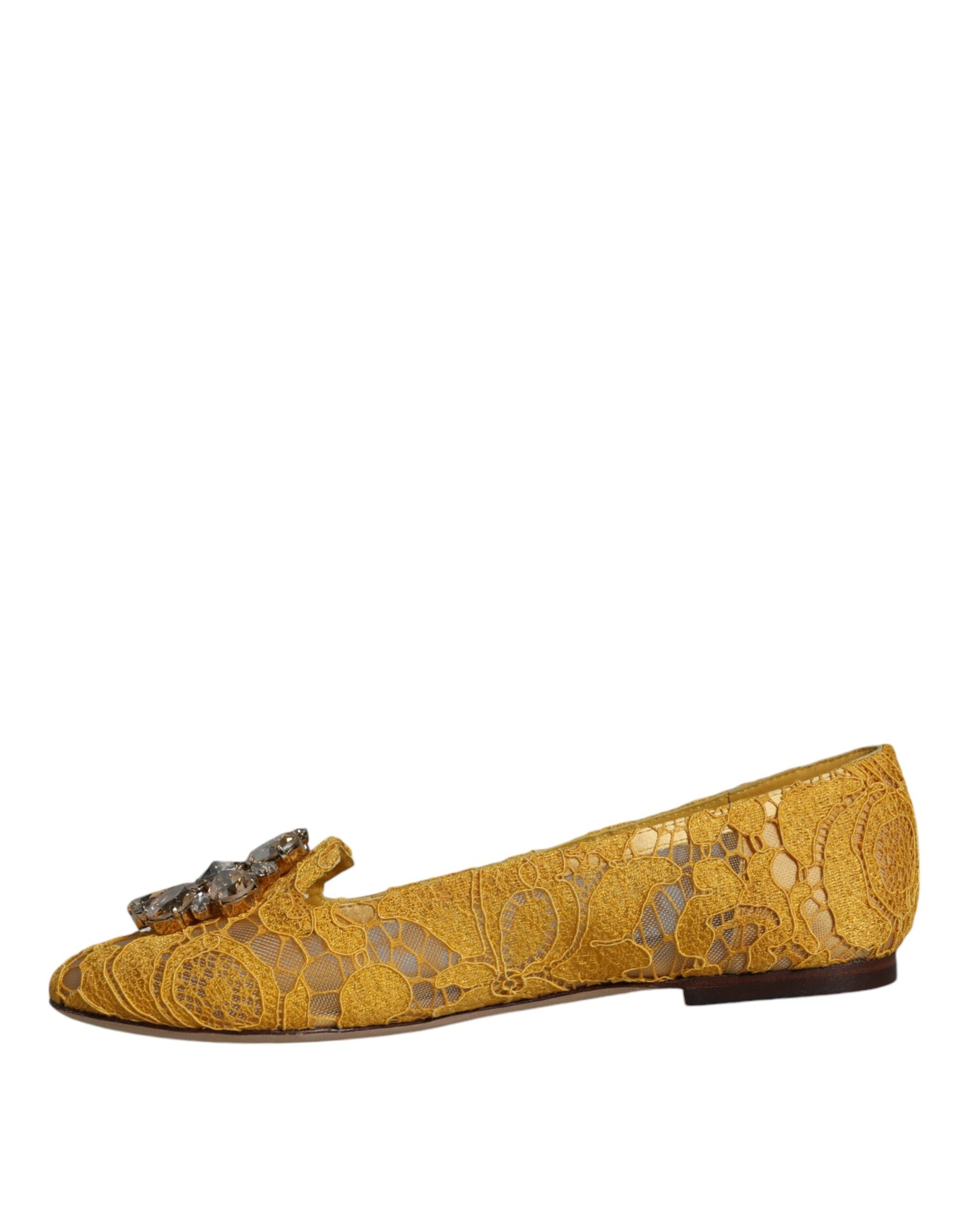 Mustard Lace Crystal Ballet Flats Loafer Shoes