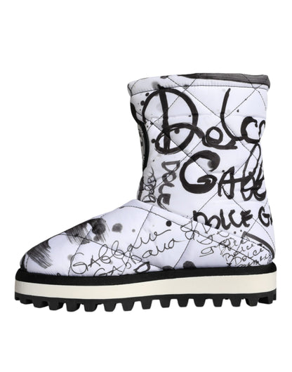 White Padded Logo Print Mid Calf Boots Shoes